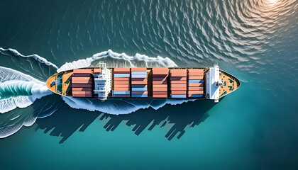 a hyper-realistic top-view image of a cargo ship navigating through the vast, blue ocean, highlighting its journey and the expanse of water around it