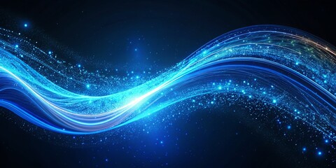 The image depicts a dynamic and flowing formation of blue lights against a dark background, resembling a wave or stream of particles. The vibrant blue hues and the distribution of light particles.