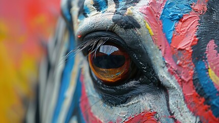   A close-up of a horse's eye with vibrant paint on its face, showcasing the beauty of the animal's unique features
