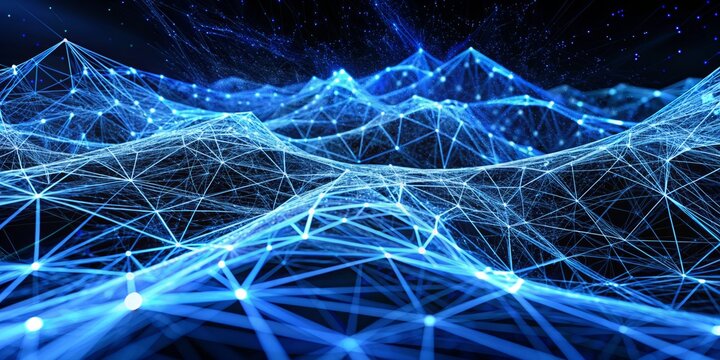 The intricate blue lines are connected at various intersections by brighter dots, illuminating the structure and giving it a digital or technological appearance. The wave seems to be in motion.