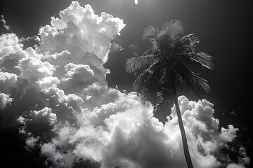 Dramatic Black and White Photography of Palm Tree Against Striking Cloudscape - Ideal for Wall Art, Posters, and Interior Design