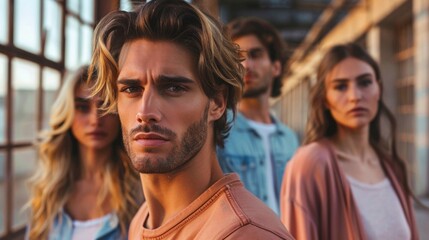 Fototapeta premium young man with two young woman, love triangle, outdoors shot