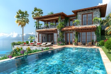 Luxury Waterfront Villa with Pool and Tropical Landscaping for Summer Vacation and Real Estate Design
