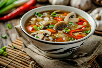 Hearty Vegetable Soup with Mushrooms, Peppers, and Green Onions in a Decorative Bowl