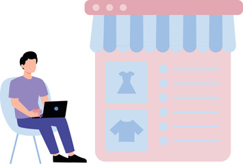 Boy buying clothes online on laptop.