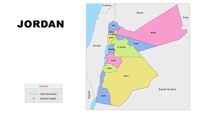 Jordan Map. State and district map of Jordan. Political map of Jordan with country capital.