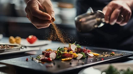 Chef sprinkling spices on dish in commercial kitchen © aiman