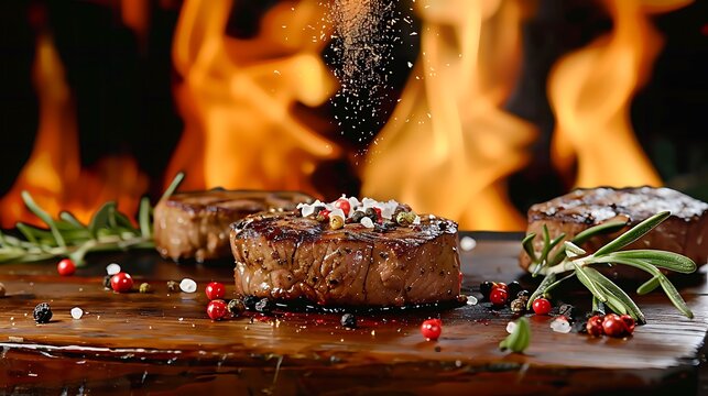 Cooked juicy steak meat beef with hand sprinking seasoning on top on wooden chopping board with flames in the background..