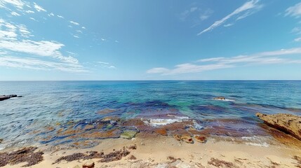   A body of water with rocks in the foreground and a blue sky with white clouds in the background