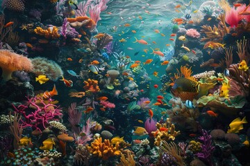 Coral Reef Abundance A vibrant coral reef teeming with life showcasing a diverse array of colorful...