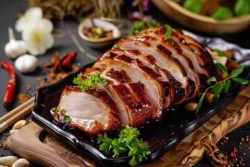 Roasted Duck Breast with Fresh Herbs and Spices on a Black Serving Platter
