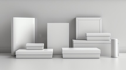 Create a highquality image of chic white product packaging boxes, different sizes and styles, ready for branding, no logos