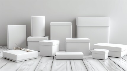 Create a highquality image of chic white product packaging boxes, different sizes and styles, ready for branding, no logos