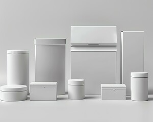 Create a highresolution image of sleek white product packaging boxes, diverse sizes and styles, logofree for a clean look