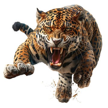 Wild predator hunting. Jaguar attacking.  Jaguar running and jumping on transparent background. Leopard running and jumping on transparent background. 