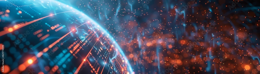 Poster The image shows an animated 3D rendering of a digital tablet and a city wireframe in bright blue and white colors particles, with the sphere particle line emerging from the particle line. The image