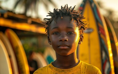 A young boy with dreadlocks stands confidently in front of a row of colorful surfboards