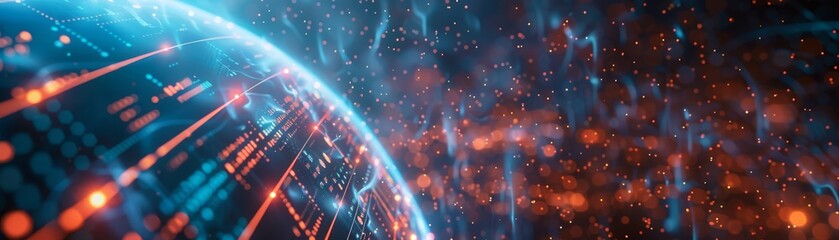 Obraz premium The image shows an animated 3D rendering of a digital tablet and a city wireframe in bright blue and white colors particles, with the sphere particle line emerging from the particle line. The image