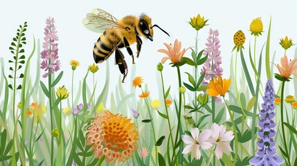   A bee flying over daisy-filled fields against a blue sky, painted by you