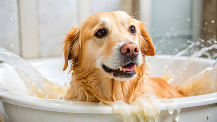Golden Retriever Bathing Fun: Splashing in the Bathtub. Good for National Pet Day, Dog Grooming Awareness Week, Pet Appreciation Month, World Animal Day, Pet Birthday, Pet Adoption Events.