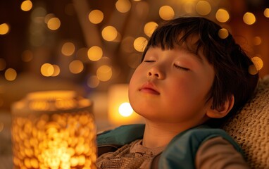 Naklejka premium A young boy peacefully sleeping next to a lit candle, surrounded by darkness