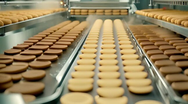 In a food factory on an assembly line, cookies move along a conveyor belt, ready for packaging and distribution.