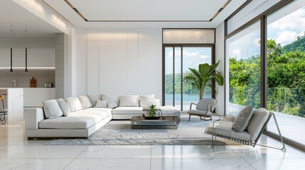 An interior with white walls and a panoramic window in a contemporary living room