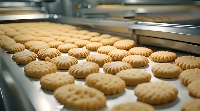 In a food factory on an assembly line, cookies move along a conveyor belt, ready for packaging and distribution.