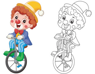 Cute Clown Riding Unicycle Coloring Illustration. Vector Illustration
