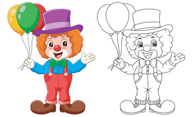 Cute Clown With Balloons Coloring Illustration. Vector Illustration	