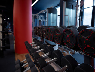 Row heavy dumbbells for bodybuilding physical exercises on rack in gym