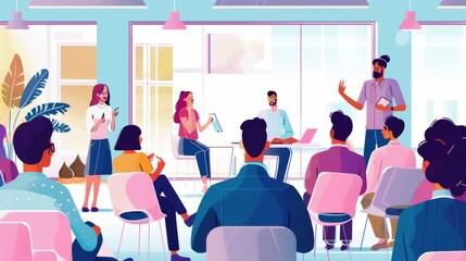 A business coach meets with a group of people in a modern office interior. A team of workers listen to the teacher's inspirational speech during a creative business training class. Banner, header