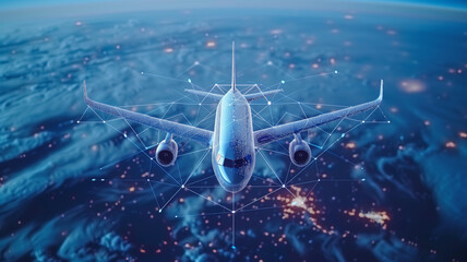 Obraz premium Plane with hologram data network background.
