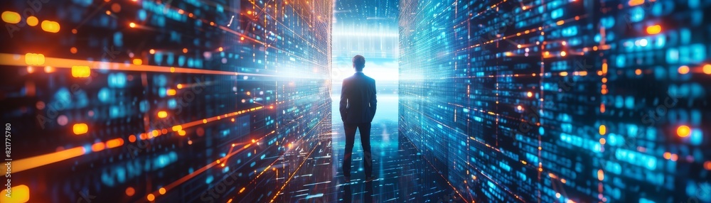 Poster an image of a man navigating the internet on a modern computer, using a modern computer as he surfs 