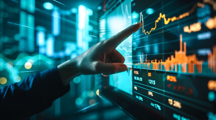 Fototapeta premium A businessman points to a financial stock graph on a monitor. The graph shows rising and falling lines, indicating market trends. Generative AI.