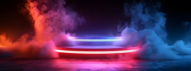 empty podium with neon lights and smoke in a dark room. Abstract background for product presentation or virtual showcase interior design