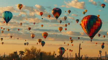 Obraz premium Hot air balloons soar above a desert landscape dotted with cacti in the background