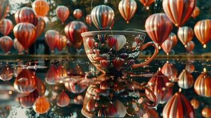  An image of a coffee cup with hot air balloons in the reflection of a body of water