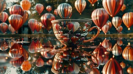 Naklejka premium An image of a coffee cup with hot air balloons in the reflection of a body of water
