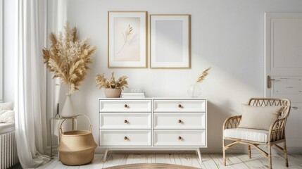 Fototapeta premium An interior design for a light living room, including a dresser and shelf with art decoration, mockup frames, and art