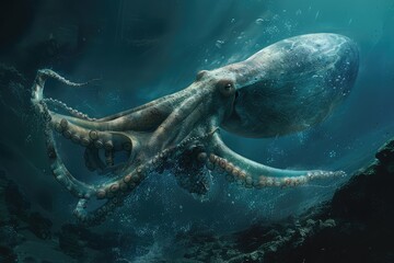 Enigmatic Giant Squid in Deep Sea An enigmatic giant squid lurking in the depths of the deep sea its massive tentacles and otherworldly appearance shrouded in mystery