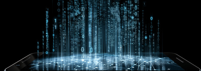 Close up mobile phone with hologram data network background.
