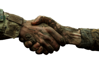 Close-Up of Military Soldiers Shaking Hands in Muddy Conditions