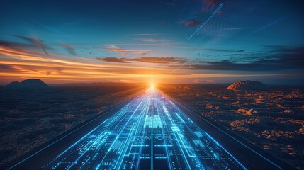 Sunrise on a rocky desert road, a call to escape, to travel, to explore: a journey through personal difficulties, towards unknown adventures and freedom.