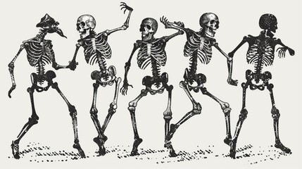 Modern illustration with Halloween dancing spooky skeletons in halftone pattern. Human bones pose like ballerinas in grungy festival style.
