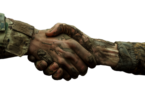 Close-Up of Military Soldiers Shaking Hands in Muddy Conditions