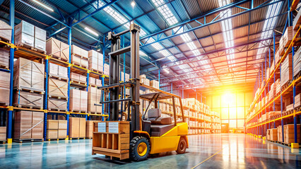 A forklift truck in a large warehouse - Powered by Adobe