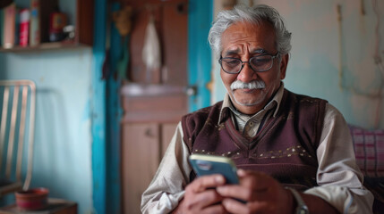 happy senior indian man using smartphone