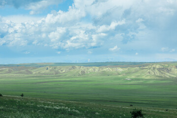 Green field in countryside at sunny day. Beautiful landscape in the mountains. Grassy field and hills. Travel Georgia