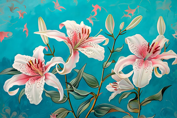 Pink lilies blooming against a vibrant blue background